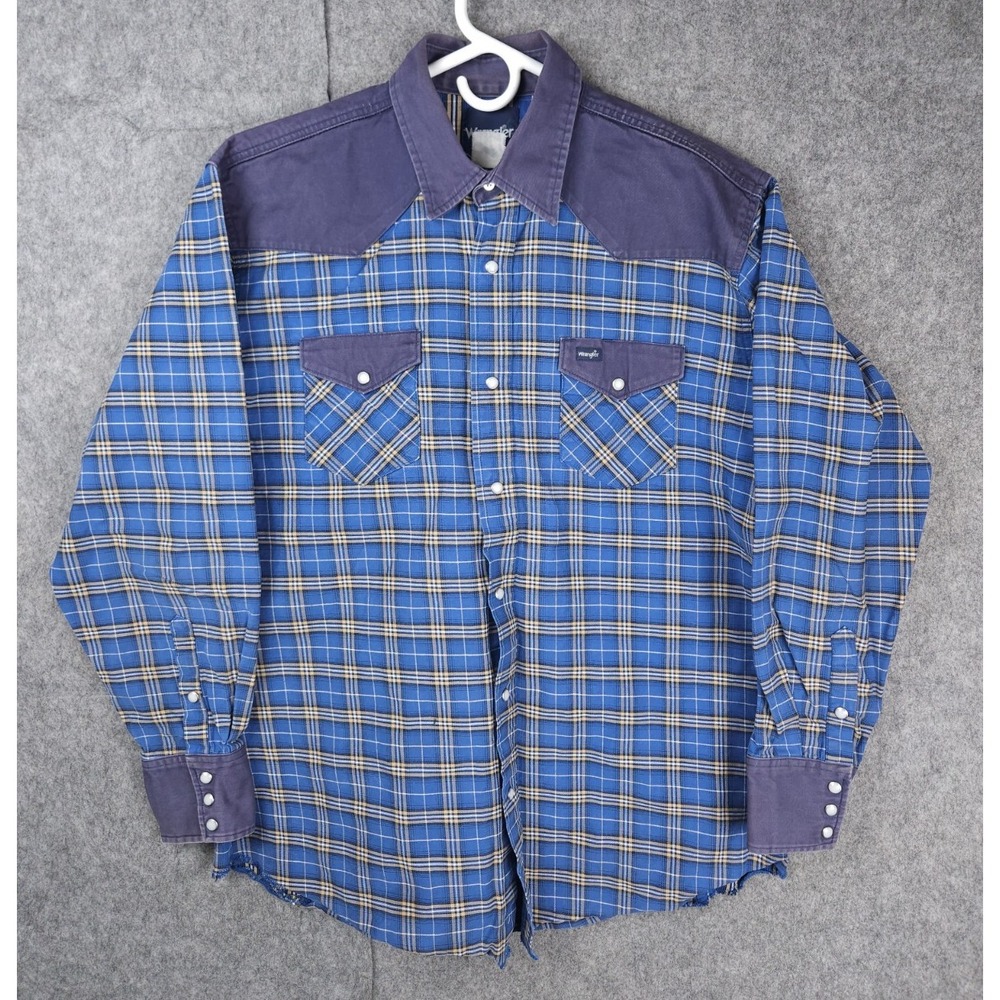 Vintage Wrangler Brushopper‎ Shirt Men's 46" CHEST Blue Pearl Snap Canvas Plaid
